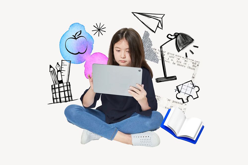 Girl using tablet, education doodle remix