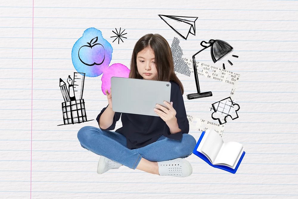 Girl using tablet, education doodle remix