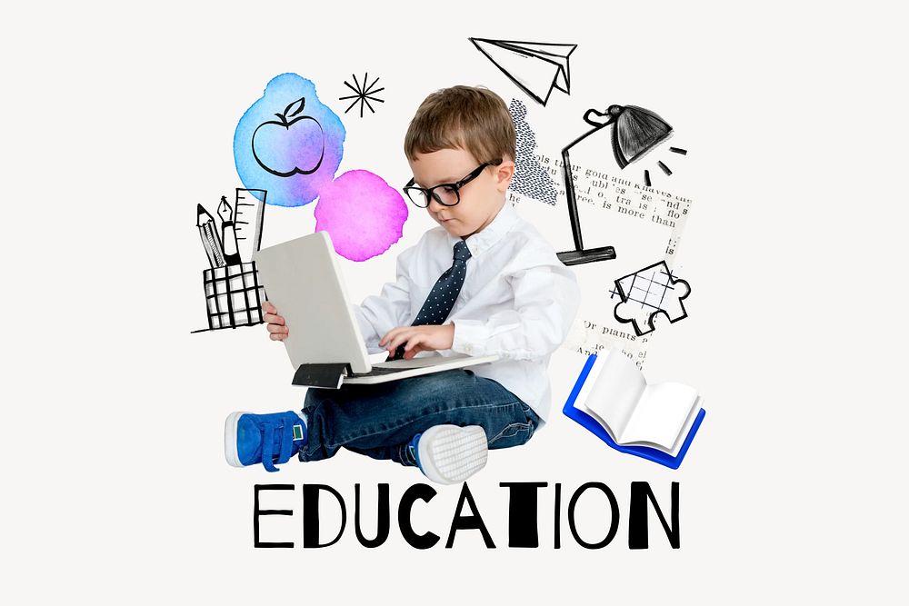 Education word, boy using laptop remix