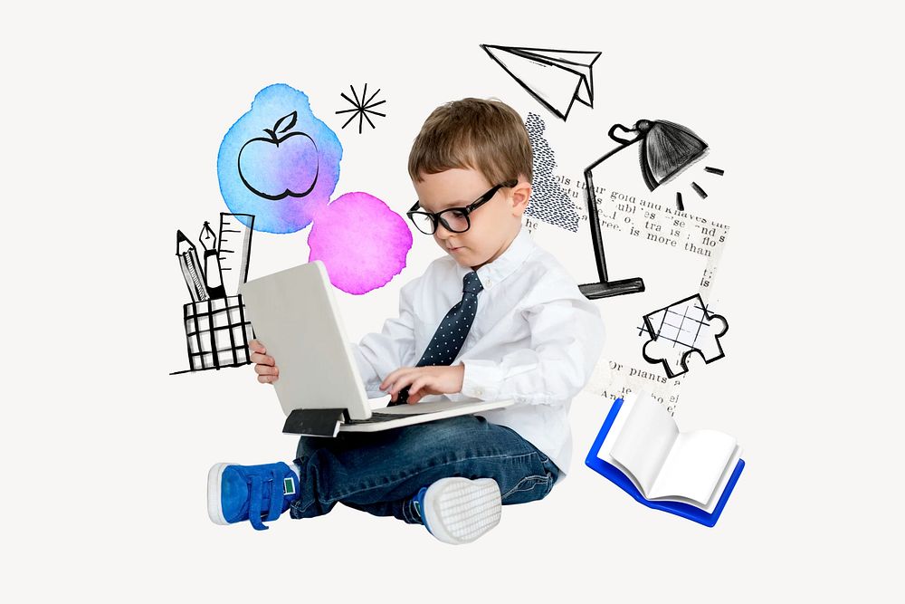 Boy using laptop, education doodle remix
