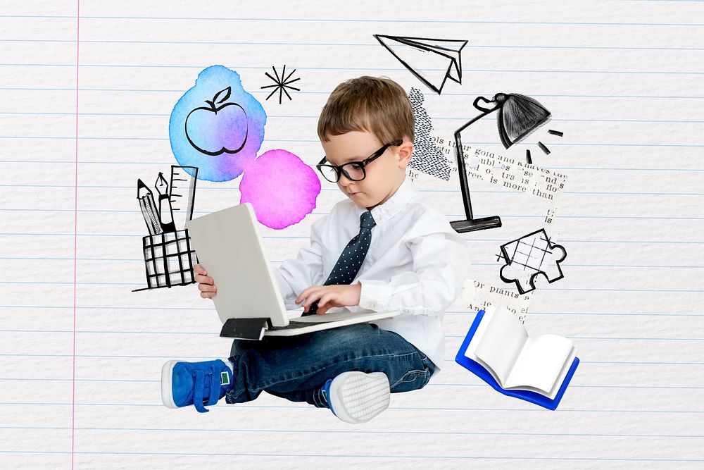 Boy using laptop, education doodle remix
