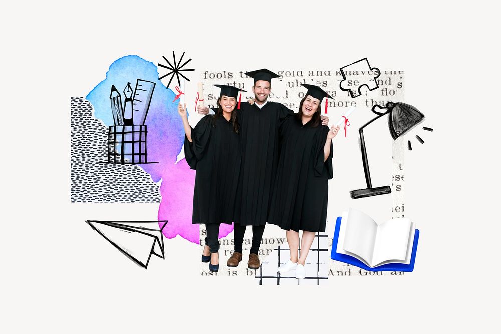 Cheerful diverse graduates, education doodle remix