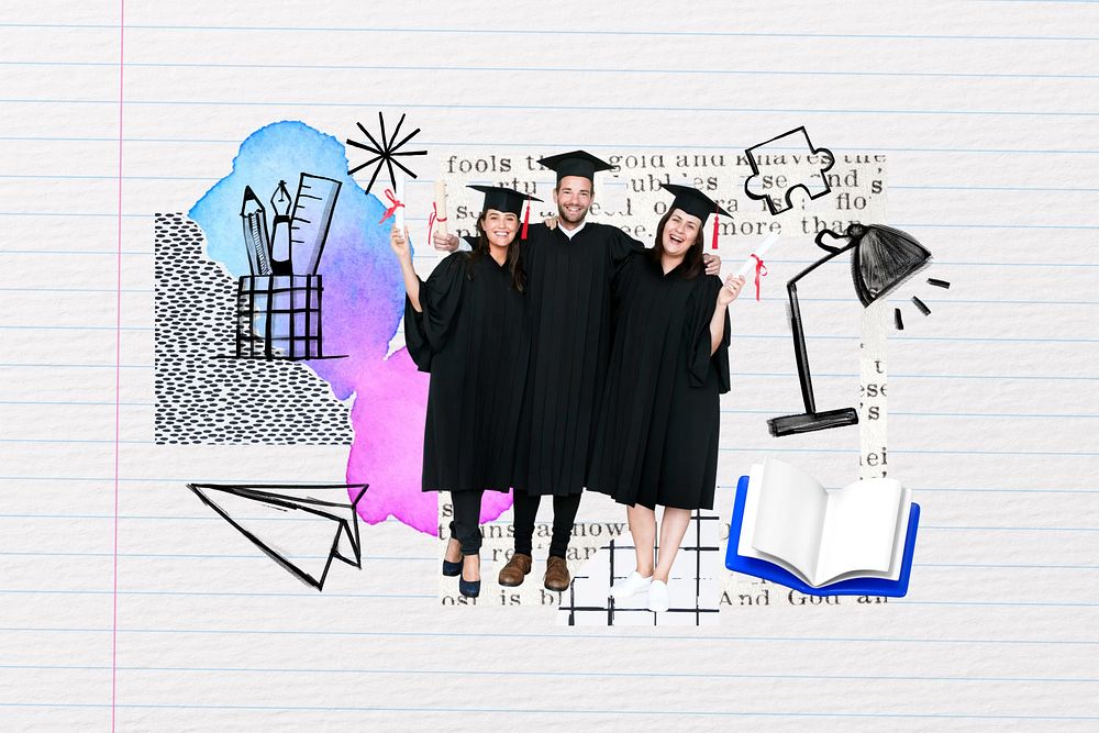 Cheerful diverse graduates, education doodle remix