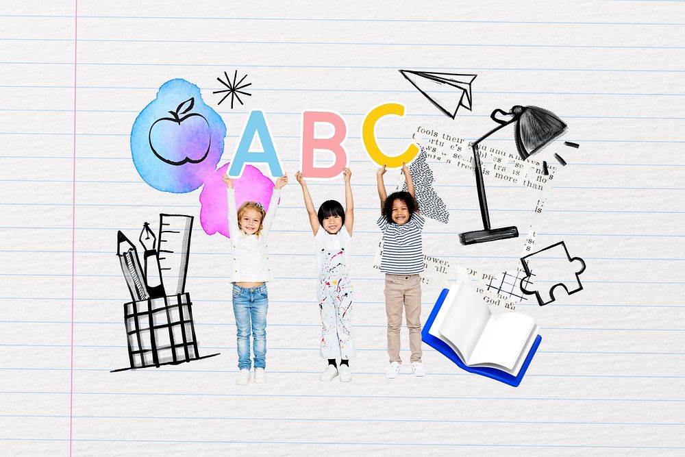Children holding alphabets, education doodle remix