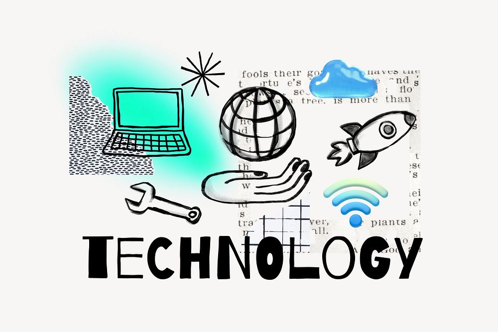 Technology word, grid globe doodle remix