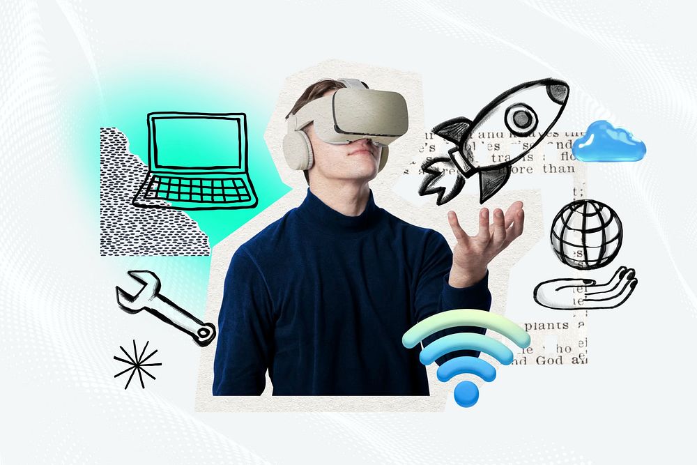 Man using VR, technology doodle remix