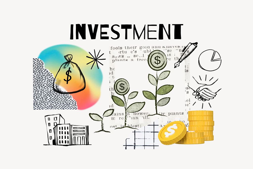 Investment word, finance doodle remix