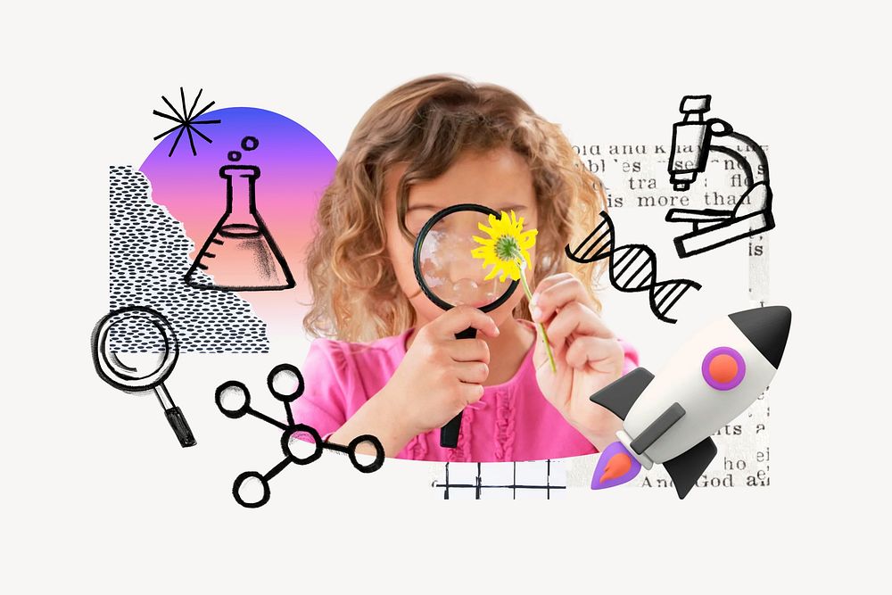 Girl using magnifying glass, science doodle remix
