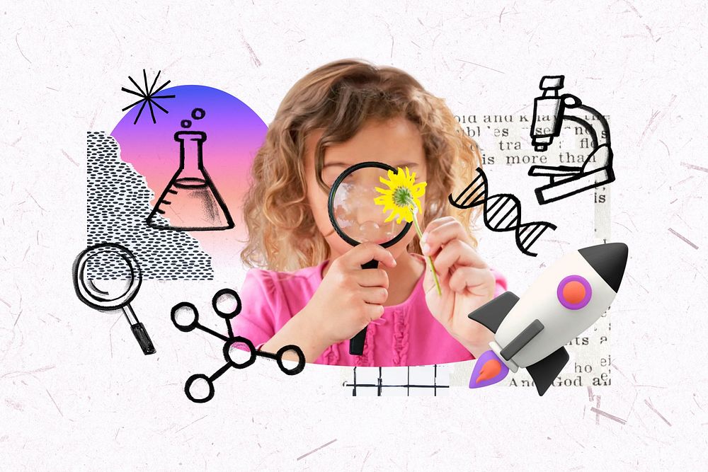 Girl using magnifying glass, science doodle remix