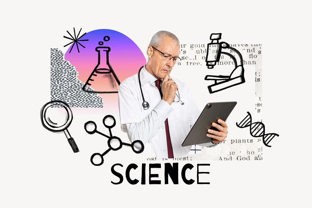 Science word, scientist using tablet  remix