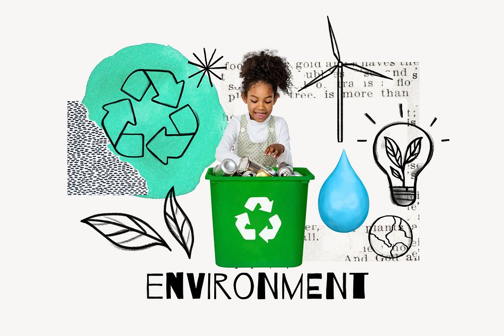Girl recycling plastics, environment doodle remix