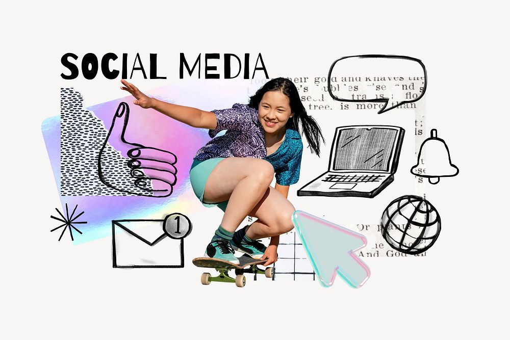Social media word, skater girl, digital doodle remix