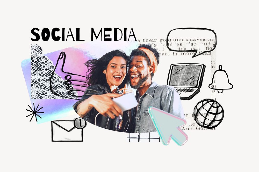 Social media word, couple taking selfie, digital doodle remix