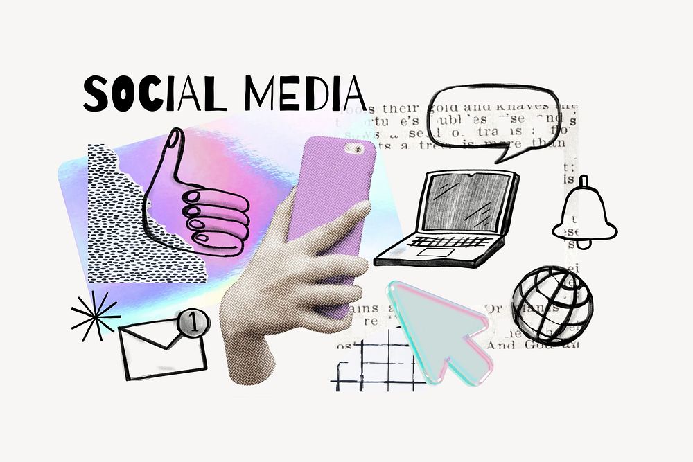 Social media word, smartphone, digital doodle remix