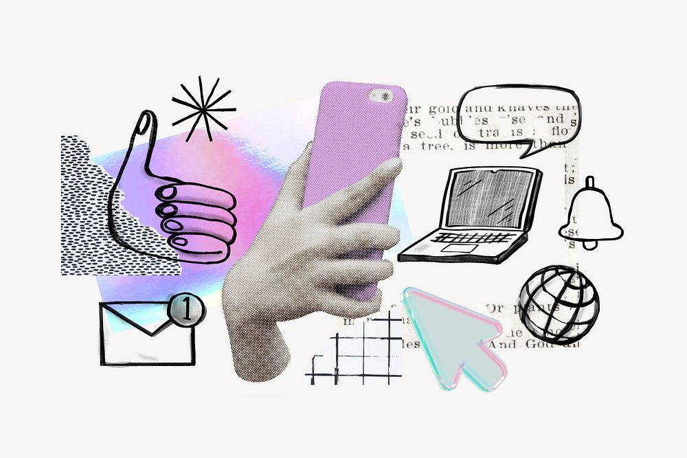 Hand holding smartphone, social media doodle remix