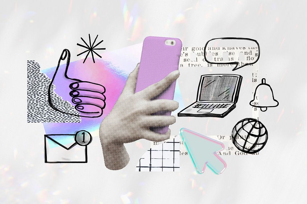 Hand holding smartphone, social media doodle remix