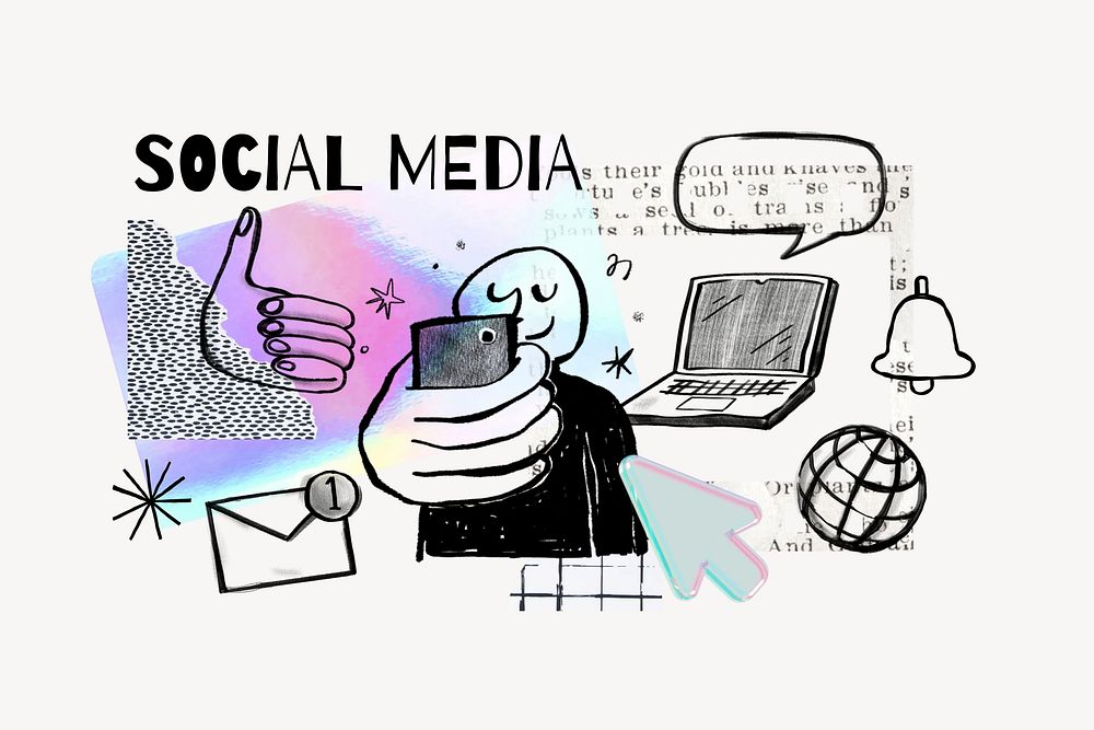 Social media word, smartphone, digital doodle remix