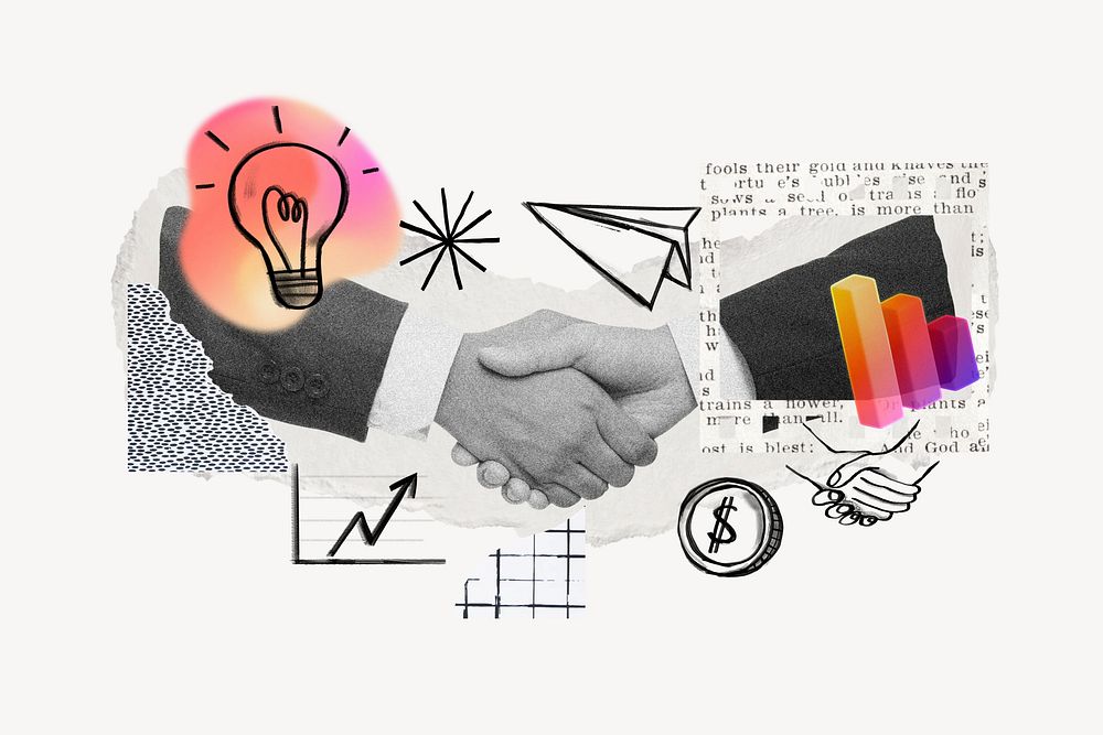 Business partnership handshake, doodle remix