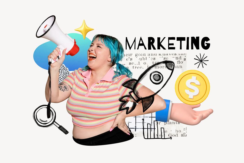 Marketing word, woman holding megaphone remix