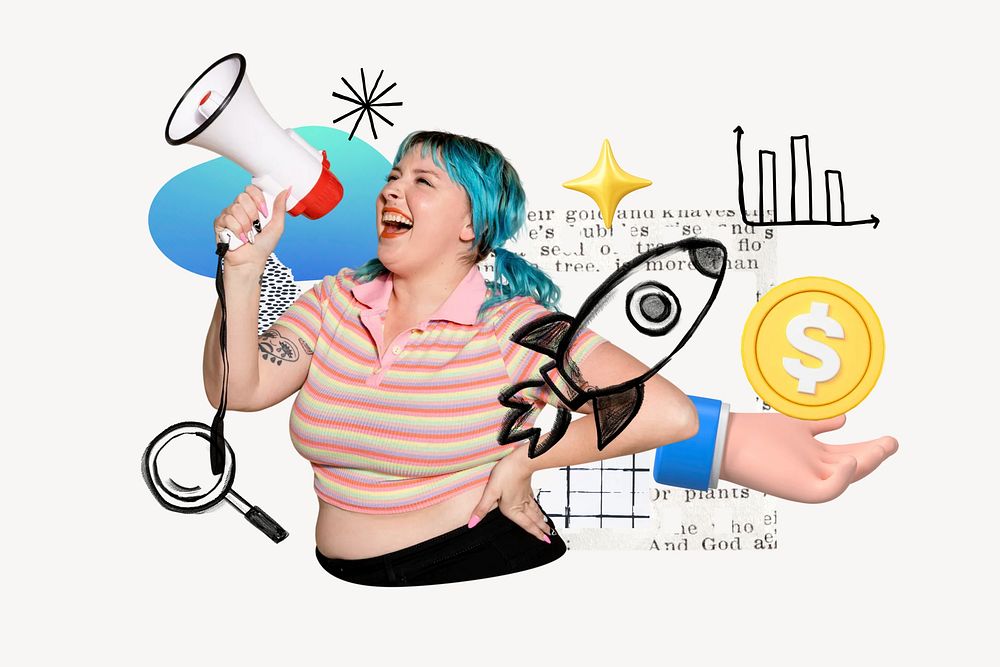 Woman holding megaphone, marketing doodle remix