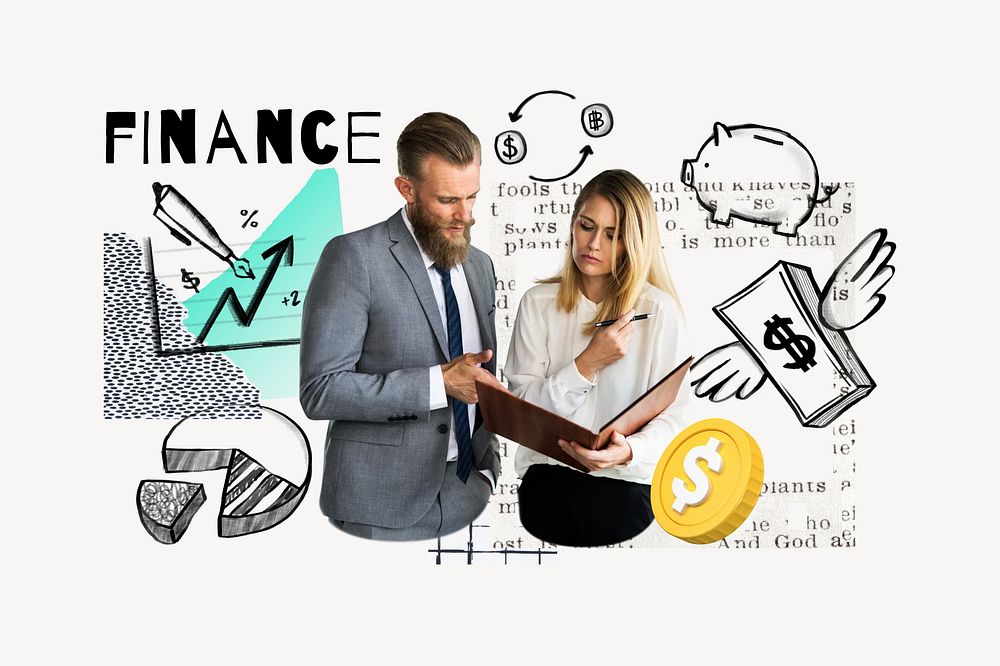 Finance word, business colleagues doodle remix