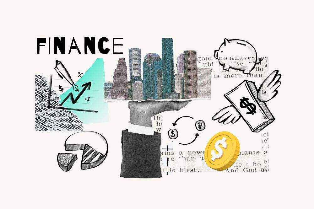 Finance word, real estate buildings remix