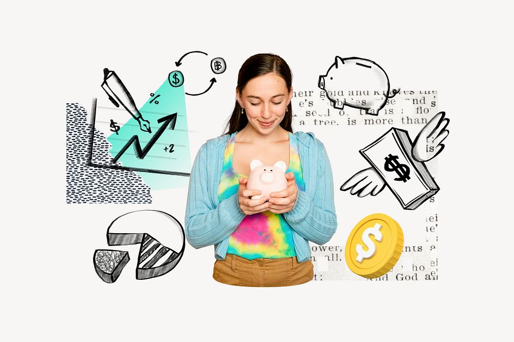 Woman saving money, finance doodle remix