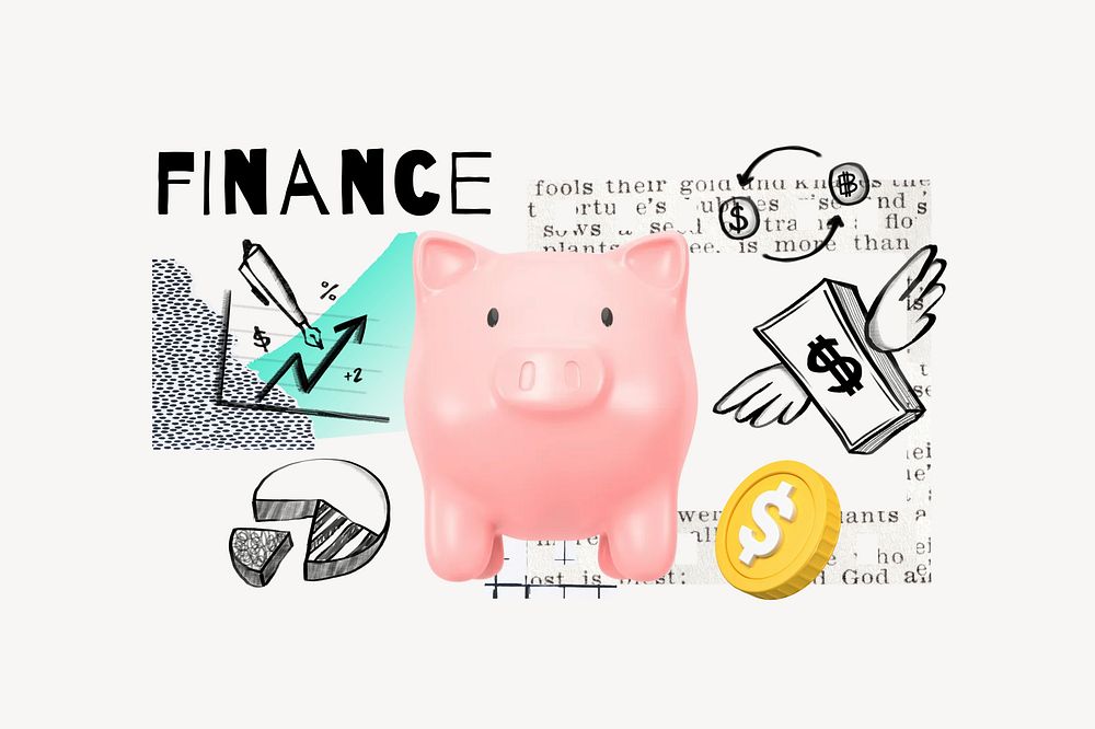Finance word, piggy bank remix
