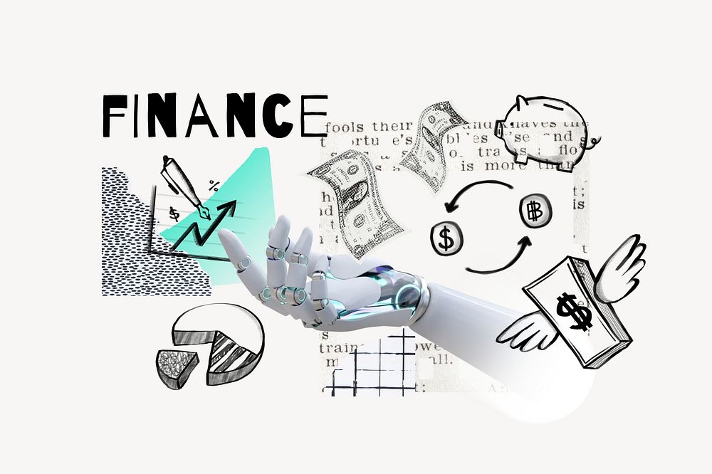 Finance word, AI robot remix