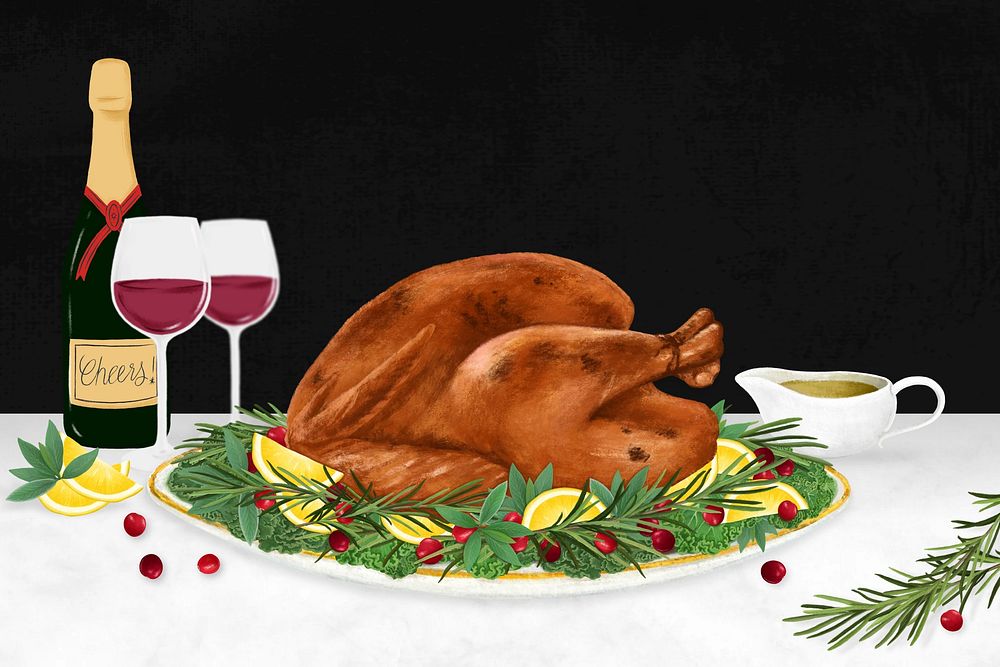 Thanksgiving dinner turkey background, Christmas food illustration