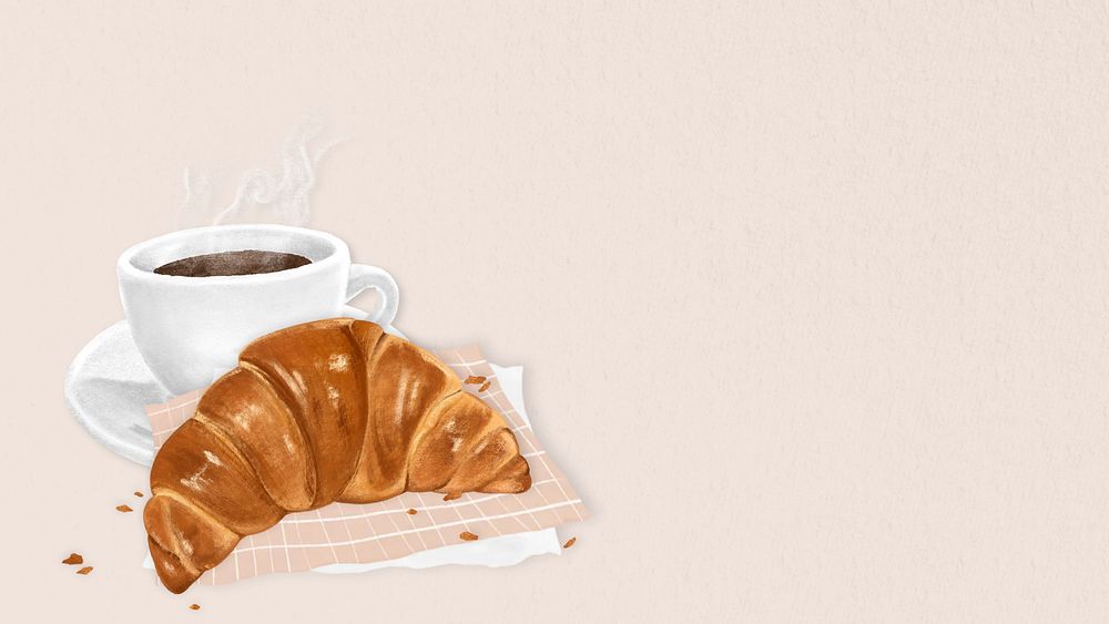 Beige croissant breakfast computer wallpaper, aesthetic food illustration