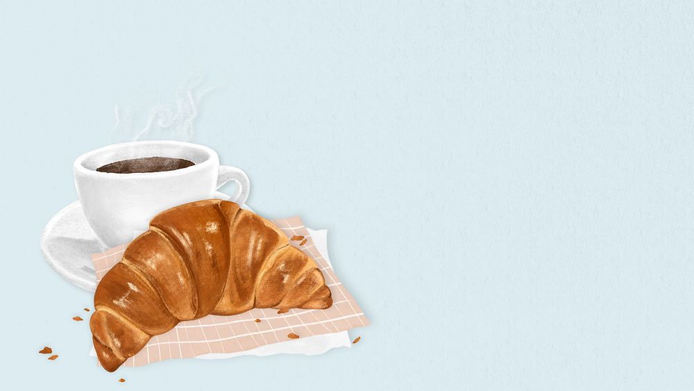 Blue croissant breakfast computer wallpaper, aesthetic food illustration