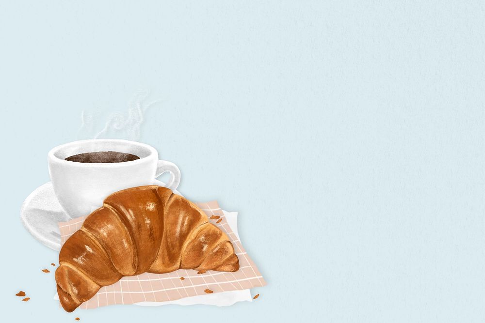 Blue croissant breakfast background, aesthetic food illustration