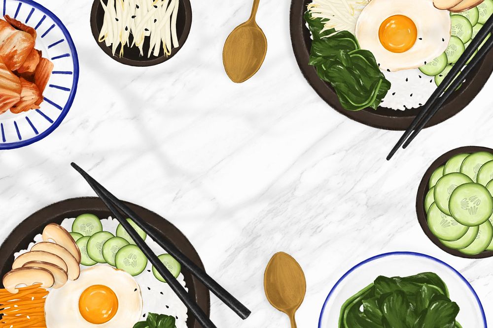 Bibimbap Korean food background, Asian cuisine illustration