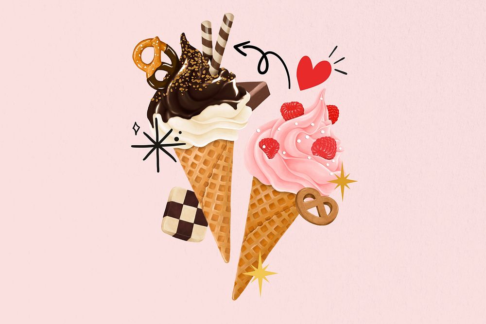 Ice-cream cone sundae, dessert illustration
