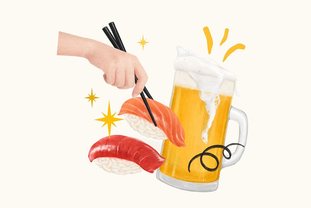 Japanese sushi party, Asian food illustration