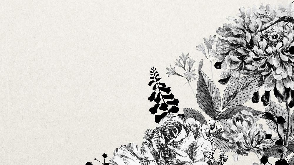 Vintage flower border mobile wallpaper, black and white botanical illustration
