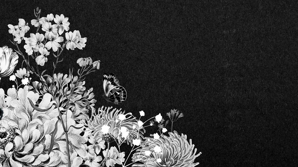 Vintage flower border mobile wallpaper, black and white botanical illustration