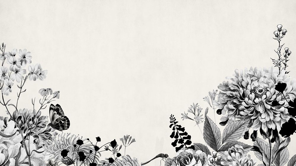 Vintage flower border mobile wallpaper, black and white botanical illustration