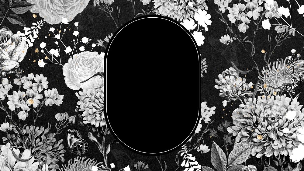 Aesthetic botanical frame desktop wallpaper, black and white background