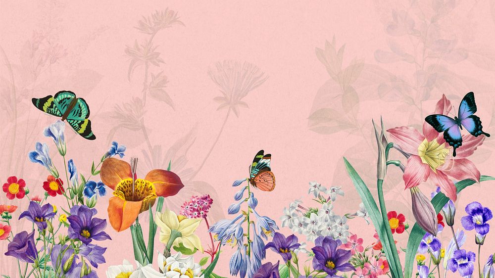 Pink wildflowers aesthetic computer wallpaper, colorful botanical border background