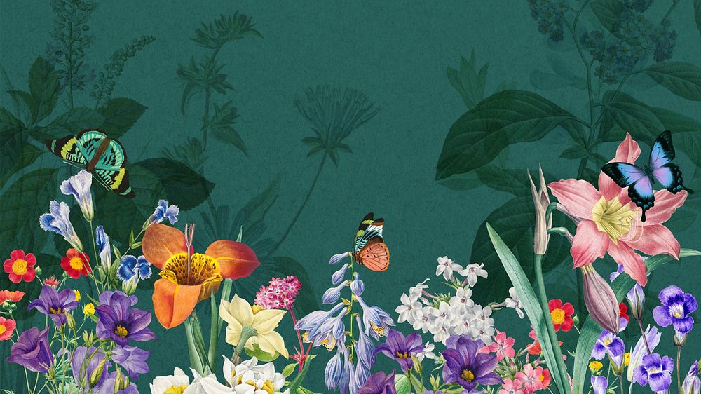Green wildflowers aesthetic desktop wallpaper, colorful botanical border background