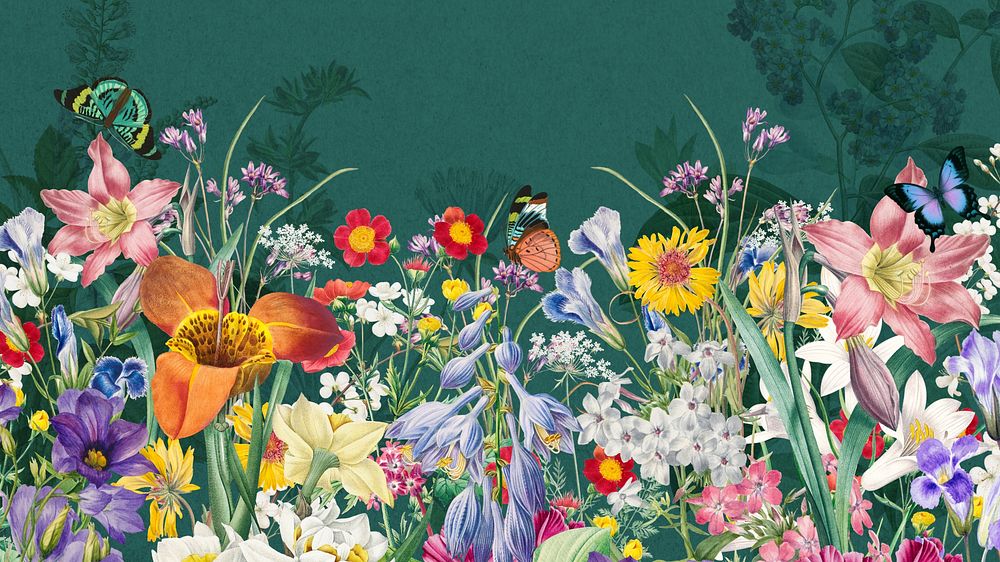 Green wildflowers aesthetic desktop wallpaper, colorful botanical background