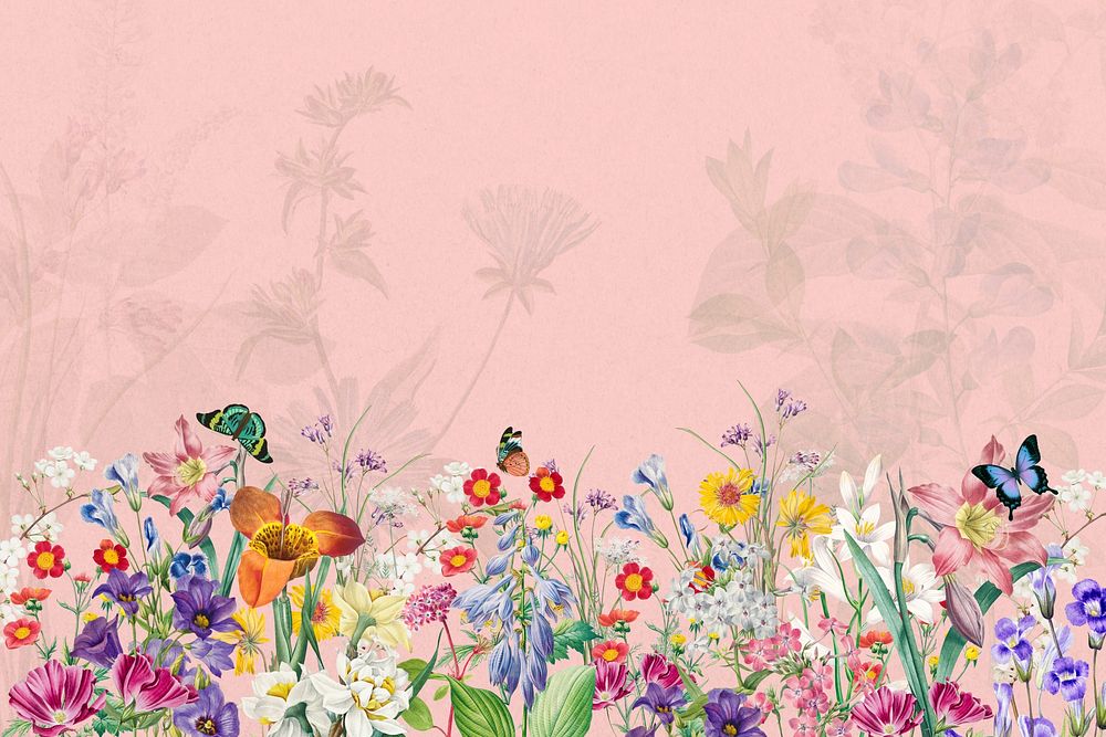 Pink wildflowers aesthetic background, colorful botanical border 