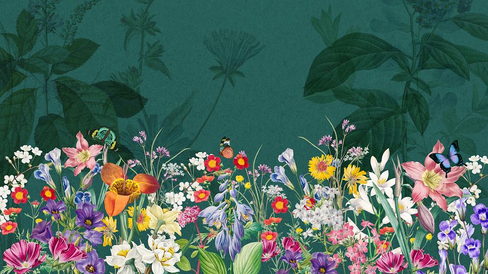 Green wildflowers aesthetic desktop wallpaper, colorful botanical border background