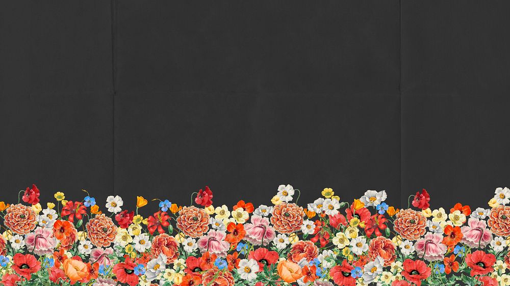 Summer flowers border computer wallpaper, black textured background