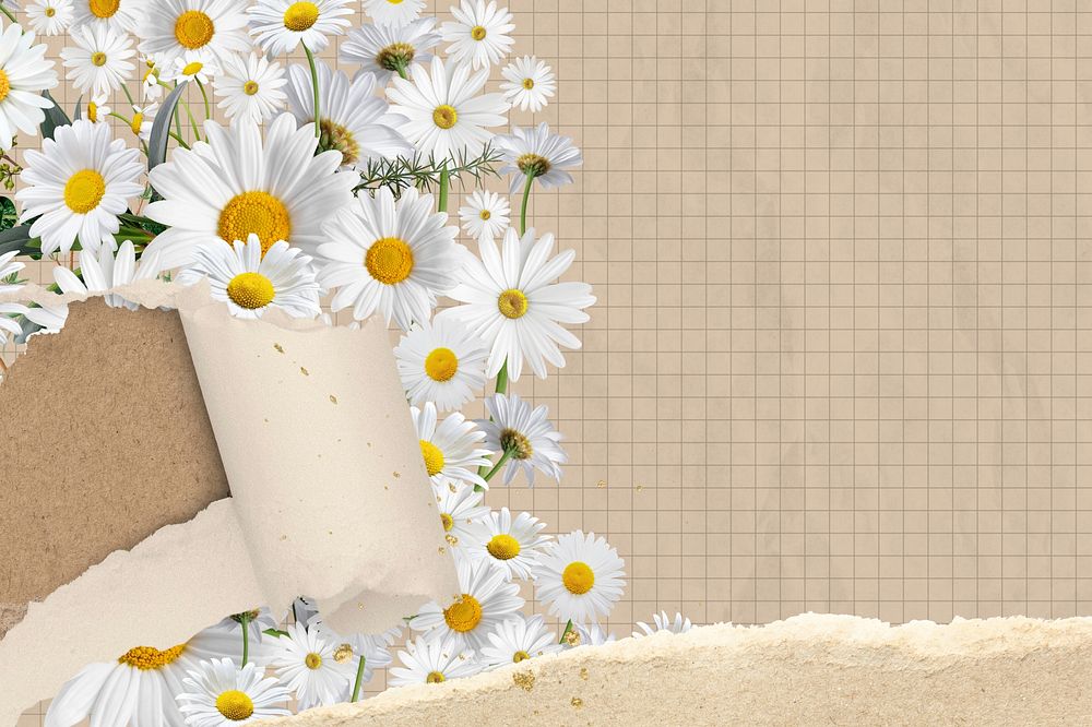 Ripped paper daisy background, grid patterned design