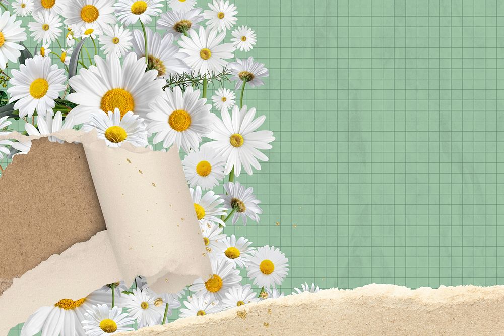 Ripped paper daisy background, grid patterned design