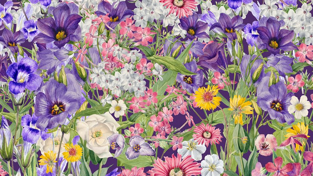 Purple wildflower pattern desktop wallpaper, aesthetic botanical background
