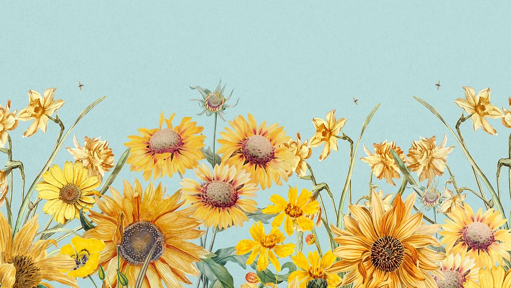 Aesthetic blue sunflowers HD wallpaper, beautiful botanical illustration